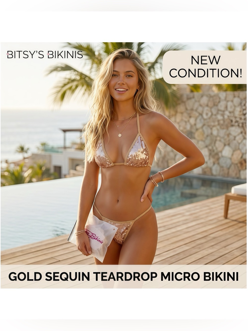 Bitsy's Bikinis Gold Sequin Micro G-String Bikini Set One Size NWT